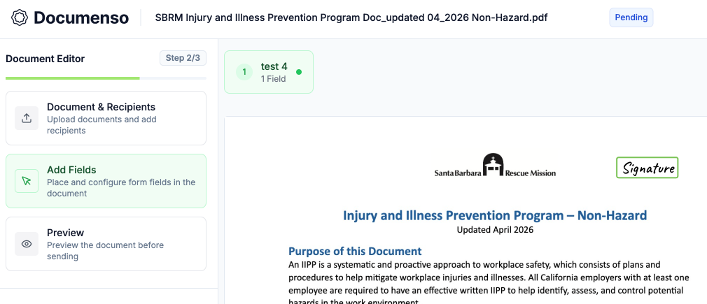 The self-hosted signing platform preparing a staff safety-program document for signature
