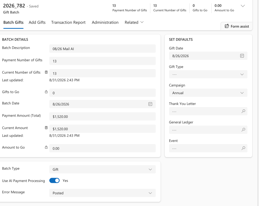 A gift batch in the donor system posted by the AI pipeline, showing 13 gifts totaling $1,520 with AI payment processing enabled