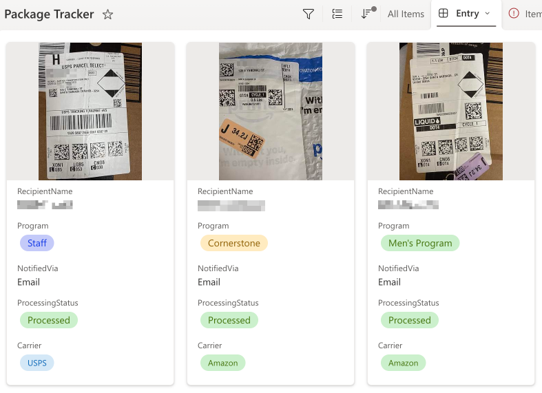 Package tracker entries in Dynamics 365 showing label photos, recipients, programs, and notification status