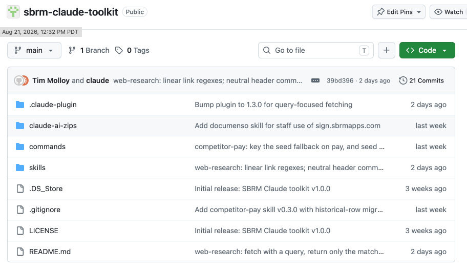The toolkit's GitHub repository showing skills, commands, and plugin folders with recent commits